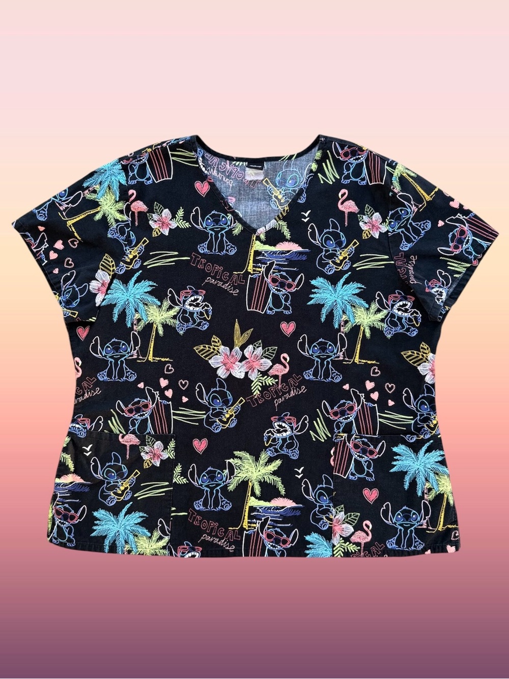 Disney Tooniforms Stitch Tropical Paradise V-Neck Black Medical Scrubs Top 2XL